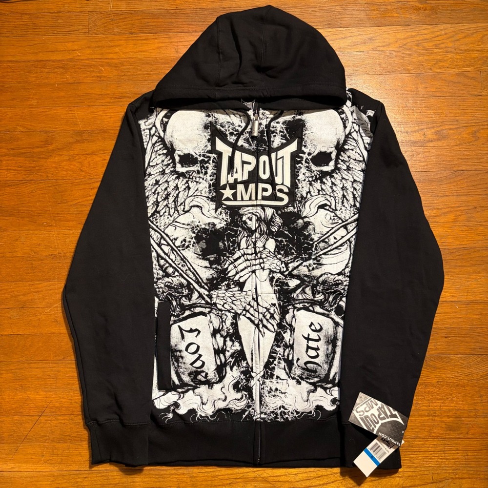 Vintage Y2K Tapout MPS Mens XL Black Graphic Skull Full Zip Hoodie NWT